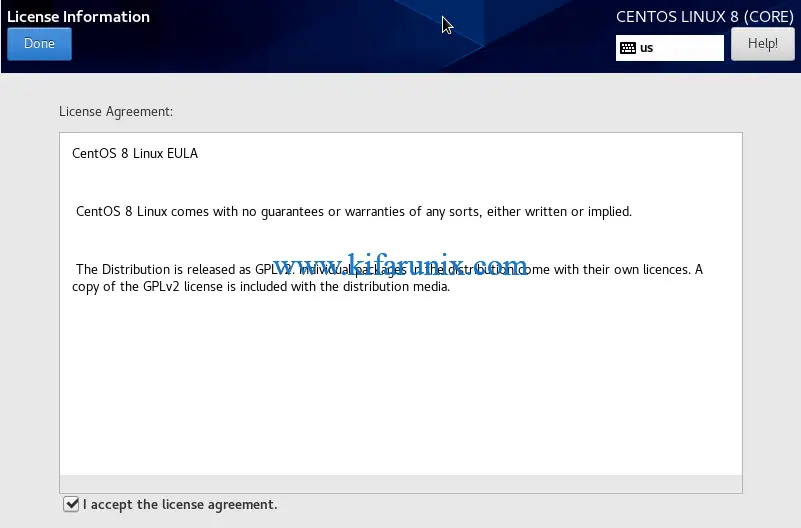 Accept CentOS 8 EULA