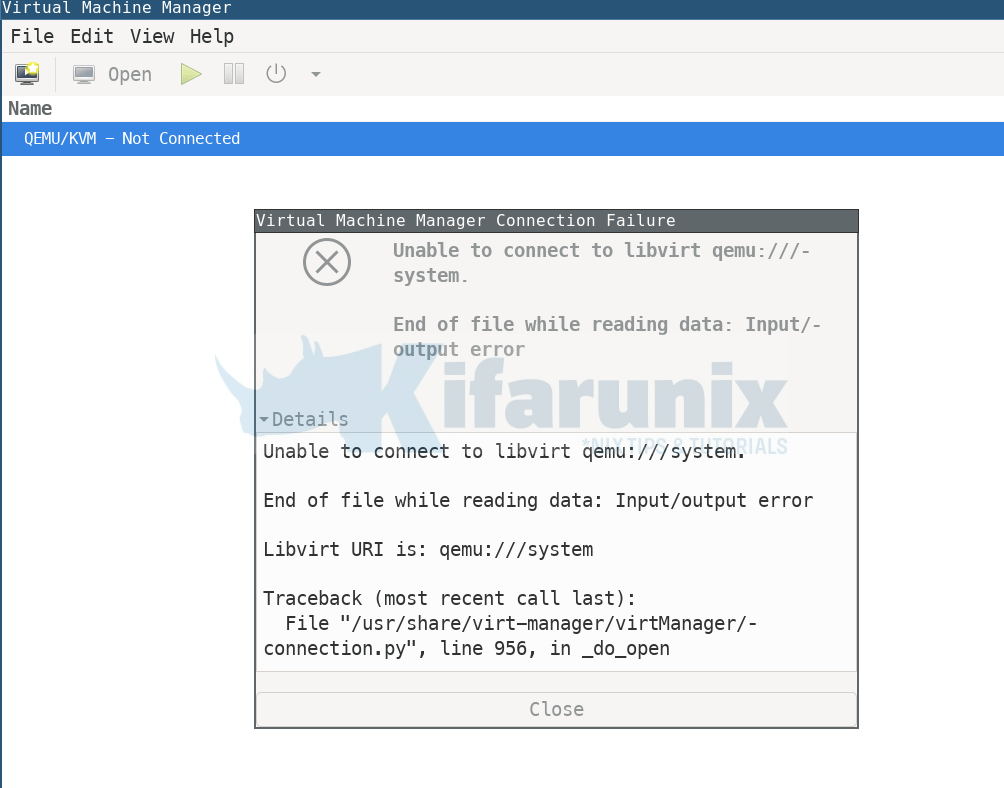 How to fix QEMU/KVM Not Connected Error on Ubuntu 20.04 1 kvm qemu connection error