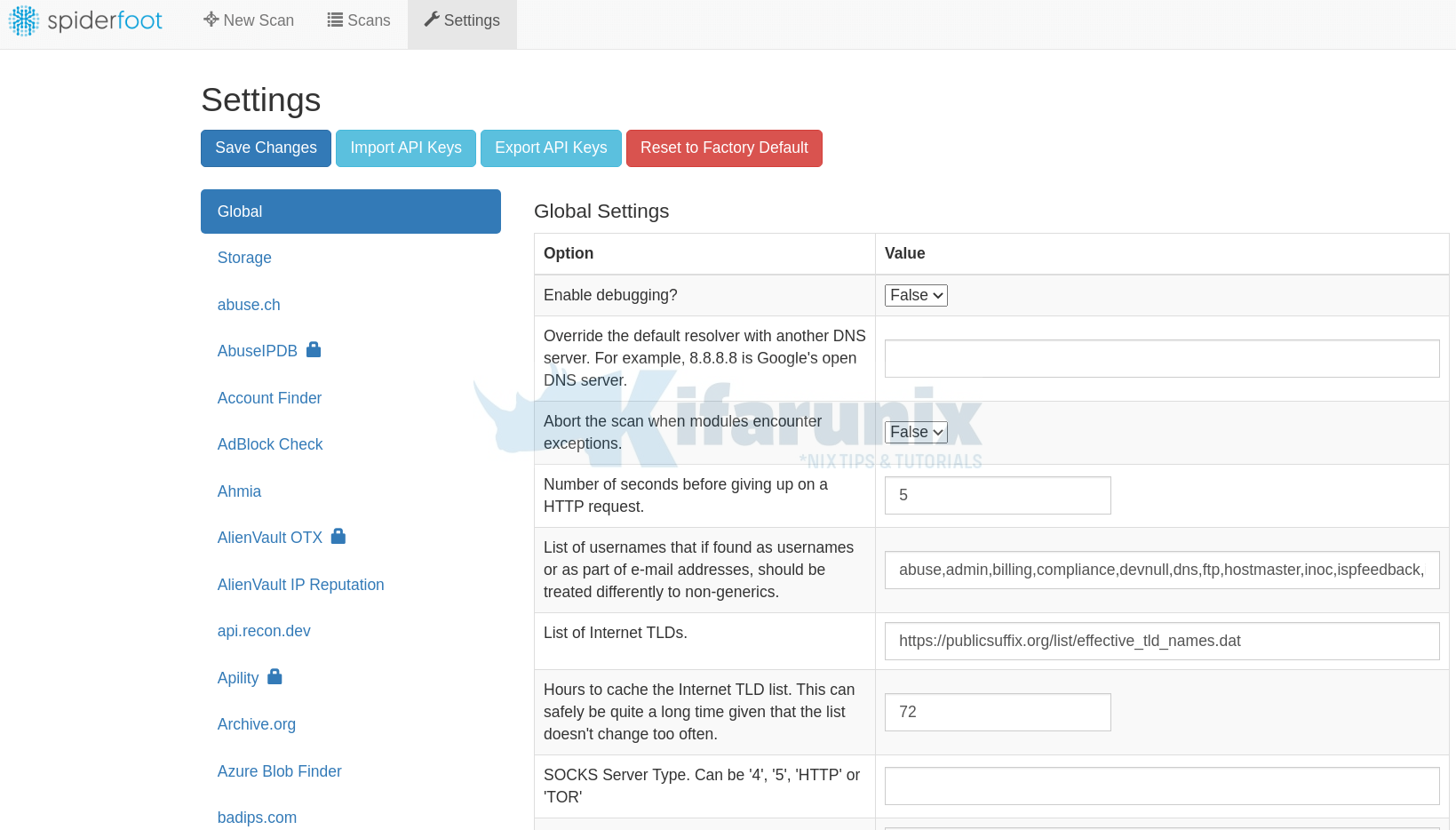 SpiderFoot scan settings