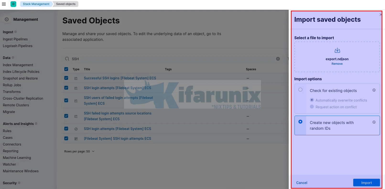 Configure Kibana Dashboards/Visualizations to use Custom Index 11 import new objects kibana
