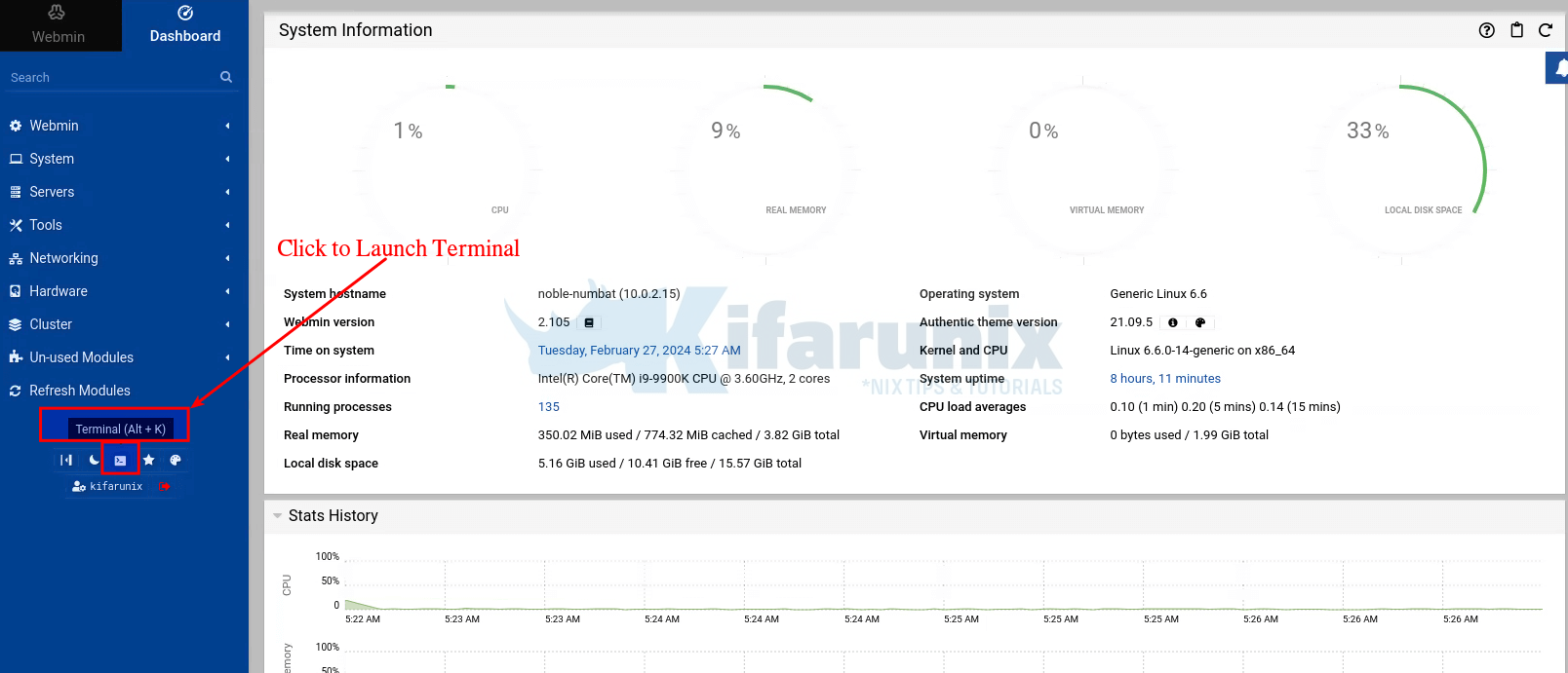 launch terminal on webmin