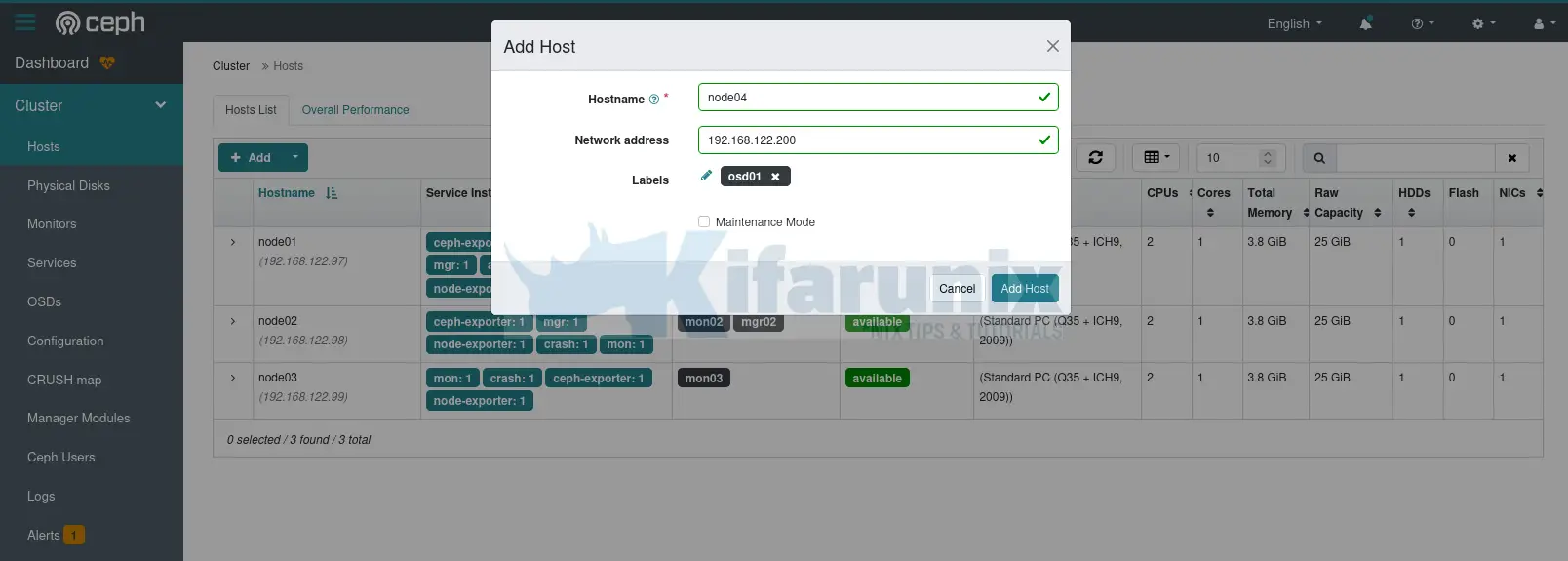 adding host to ceph cluster on dashboard