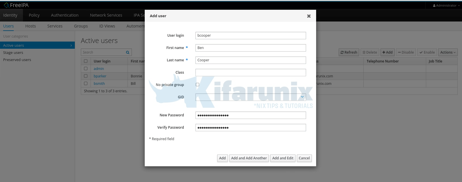 add users web interface freeipa