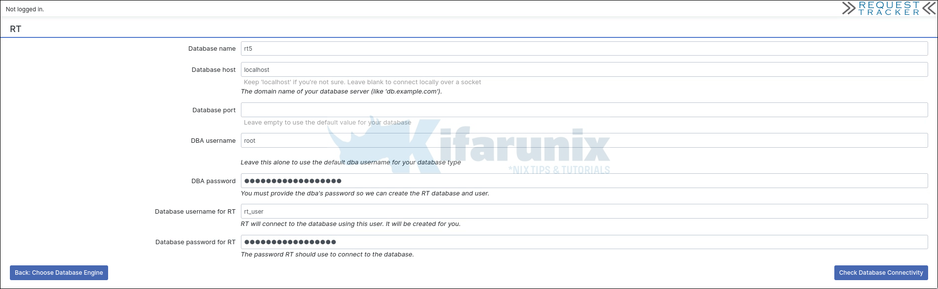 create rt database and db user credentials