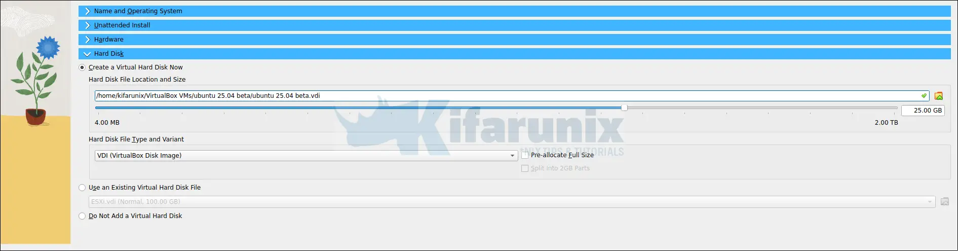 How to Install Ubuntu 25.04 on VirtualBox: A Step-by-Step Guide 5 ubuntu 25.04 hard disk configuration