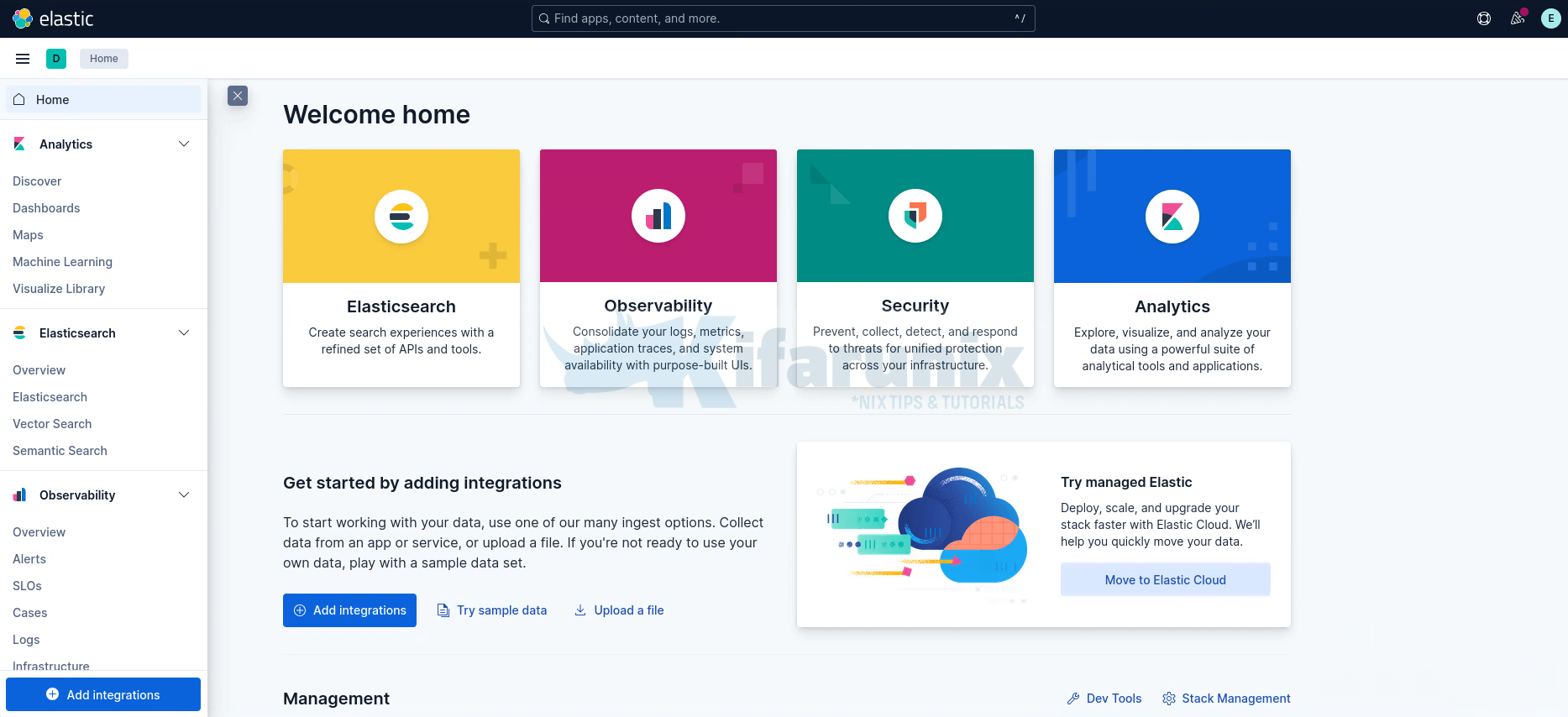 Install ELK Stack 9.x on Ubuntu 24.04 6 kibana navigation menu