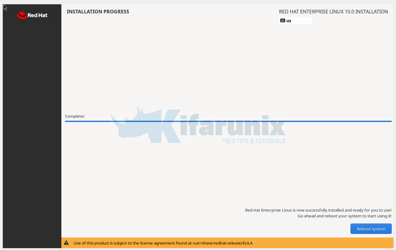 How to Install RHEL 10 on VirtualBox 8 reboot to complete installation