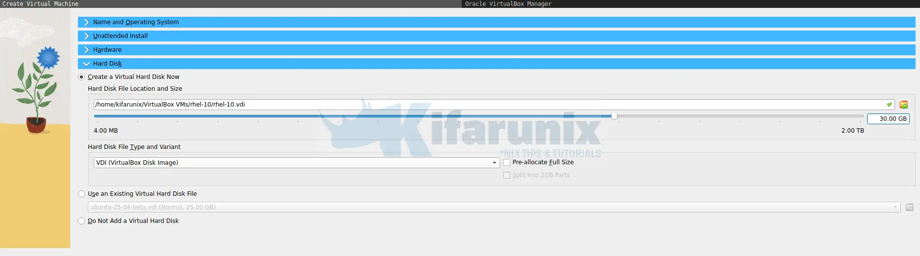 How to Install RHEL 10 on VirtualBox 5 rhel 10 virtual disk