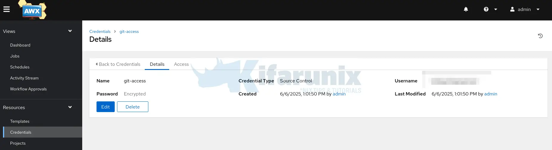 Ansible AWX access credentials