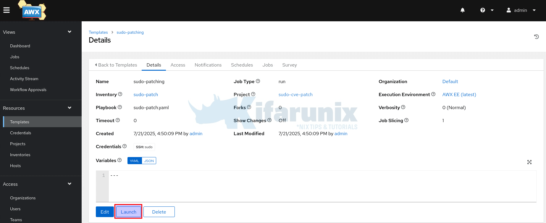 Patch Sudo CVEs 2025-32462 & 2025-32463 using Ansible AWX 8 launch sudo patch job template