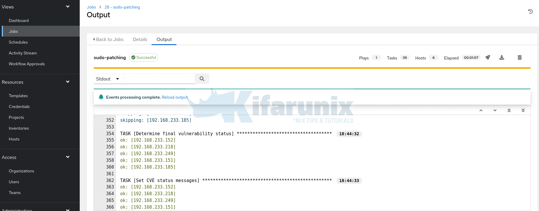 Patch Sudo CVEs 2025-32462 & 2025-32463 using Ansible AWX 9 sudo patch ansible awx output