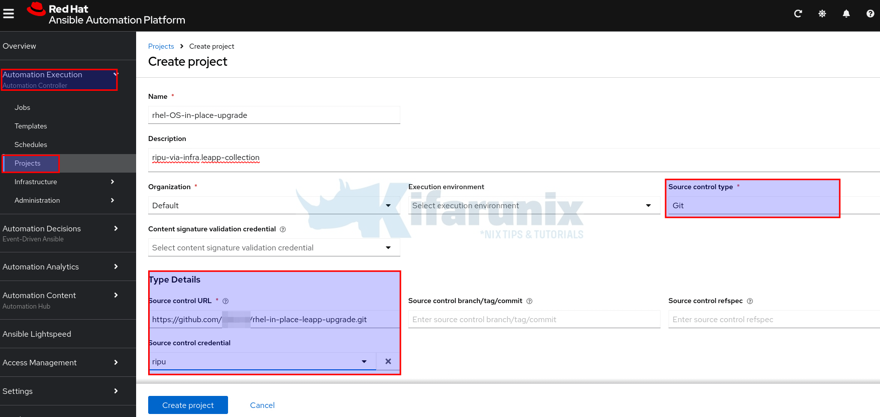 create git based project on ansible automation platform