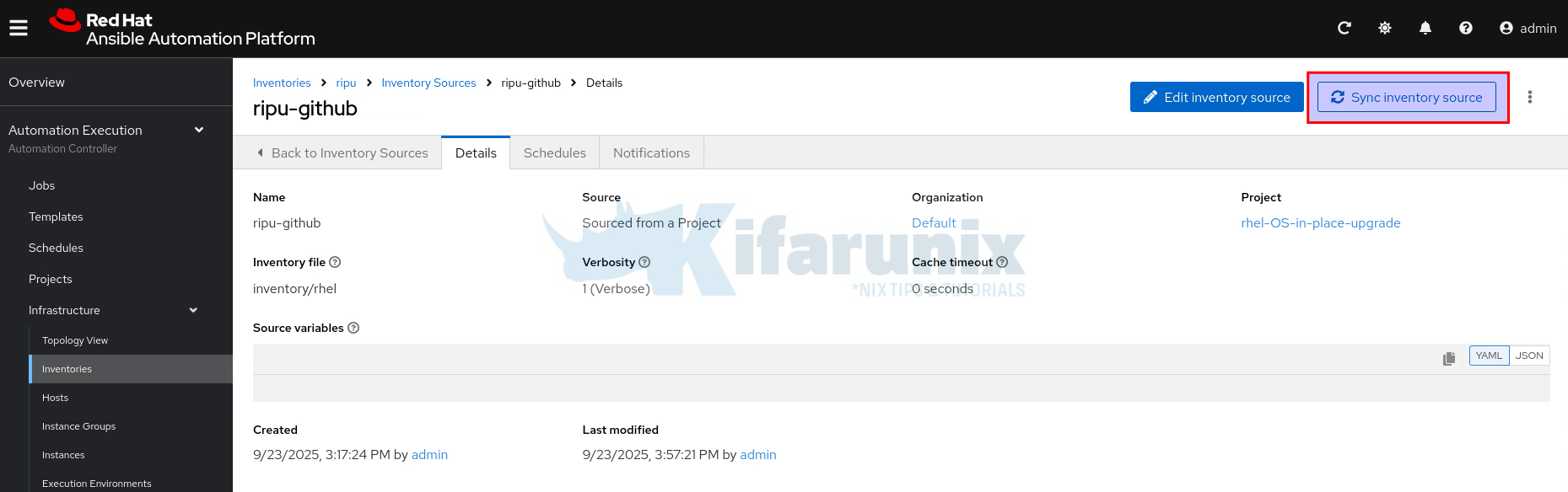 sync inventory hosts on AAP