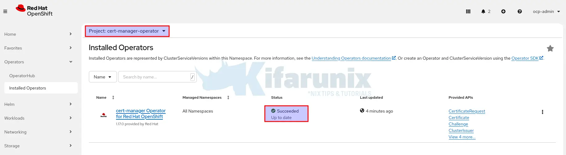 openshift cert manager operator install status