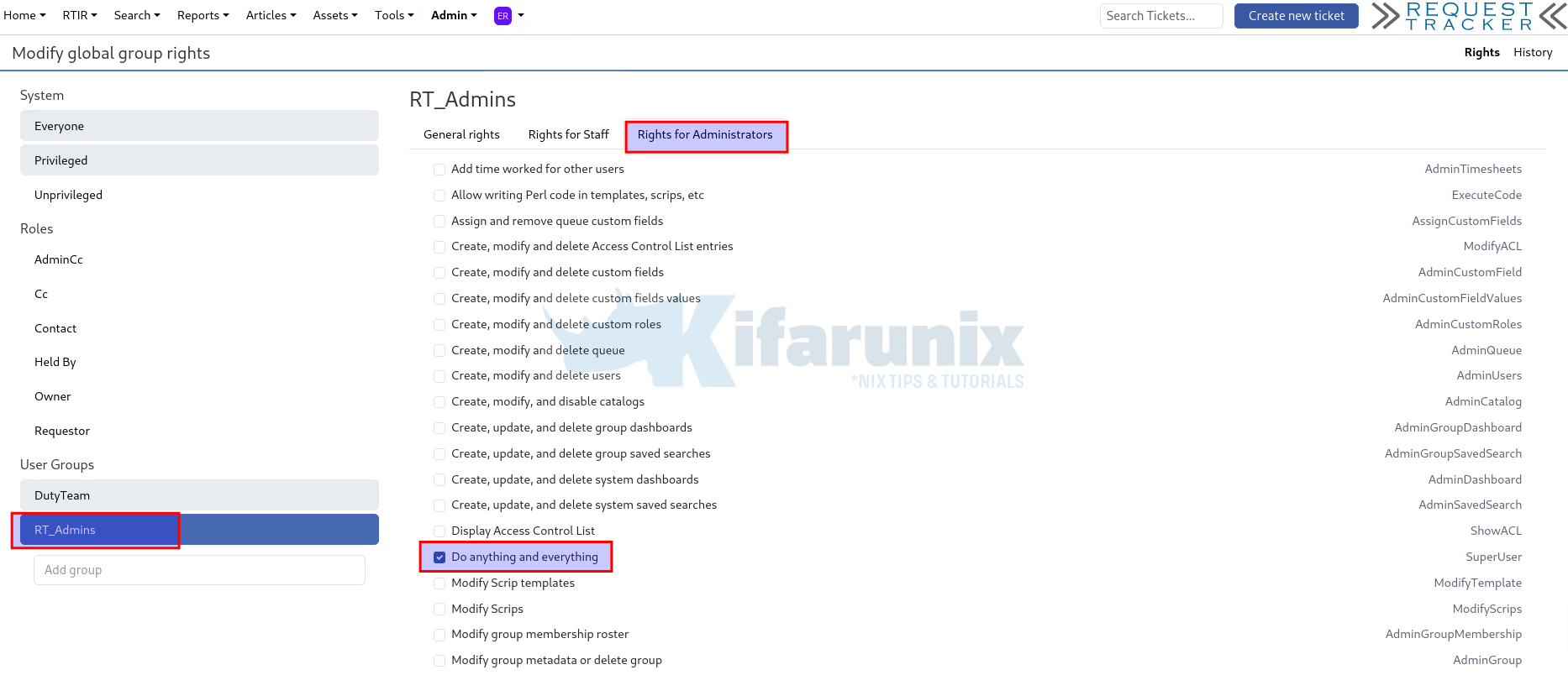 assign admin rights on rt