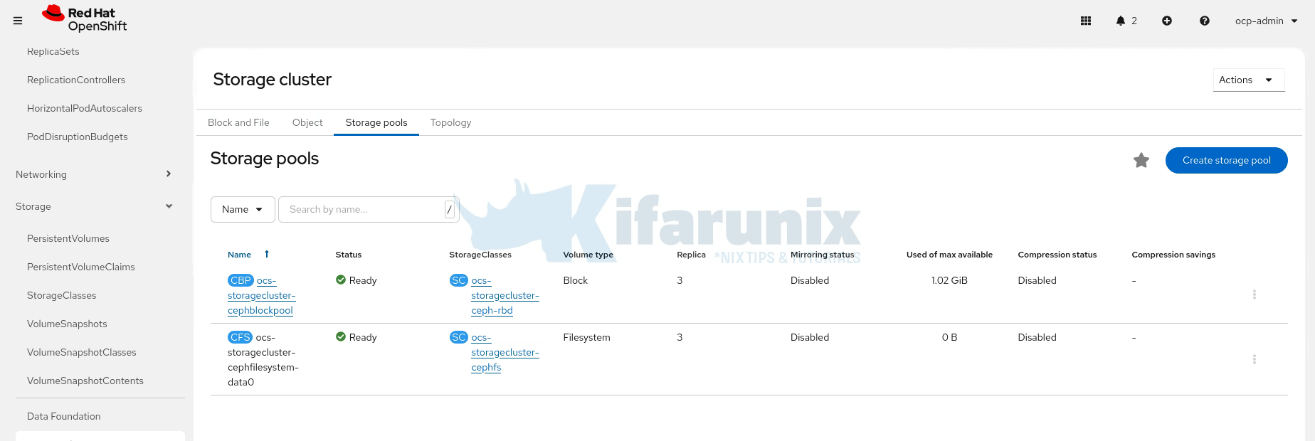 openshift odf storage pools