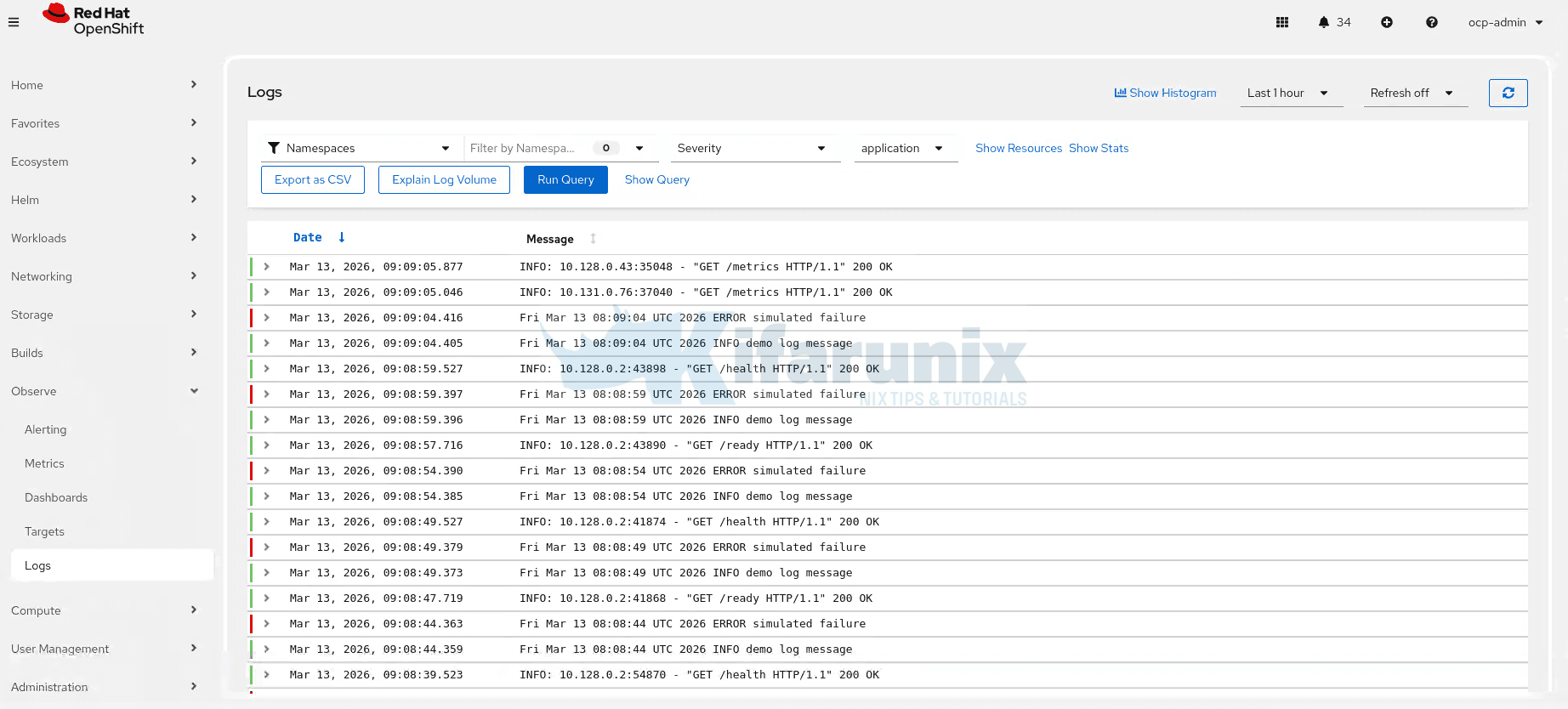 openshift logging console application logs search